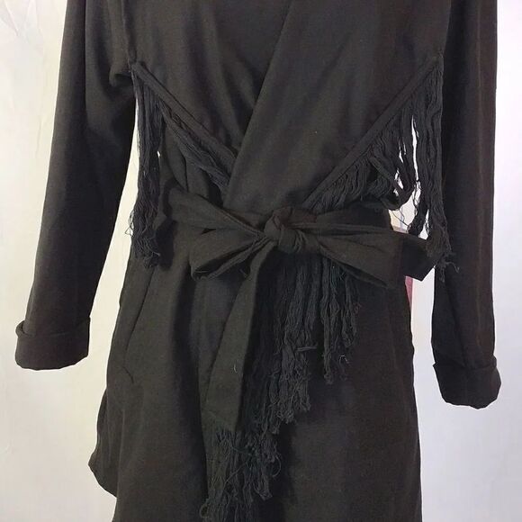 Y2K Black Western Chic Front Fringe Waterfall Belted Midi Jacket Small NWT - Picture 6 of 17